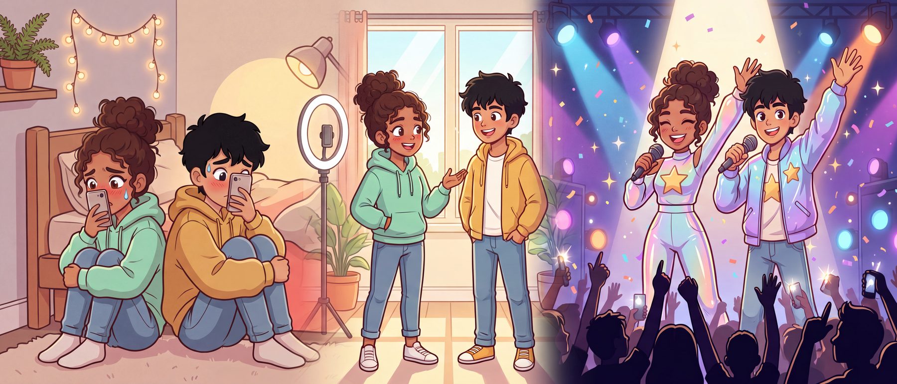 Two characters going from hiding behind their phones to performing on stage
