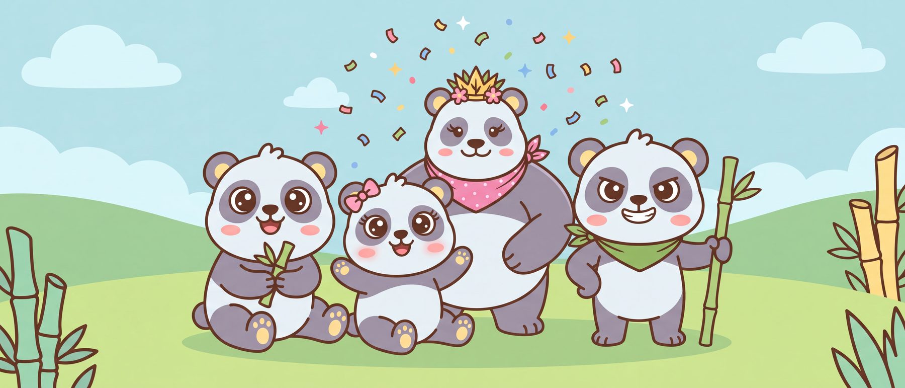 The Panda Streaks pandas celebrating in a bamboo field